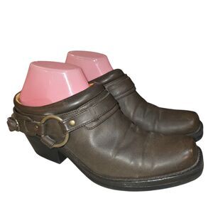 LOWER EAST SIDE Sz9 Distressed Brown Western Y2K Vtg Harness Mule Ankle Booties
